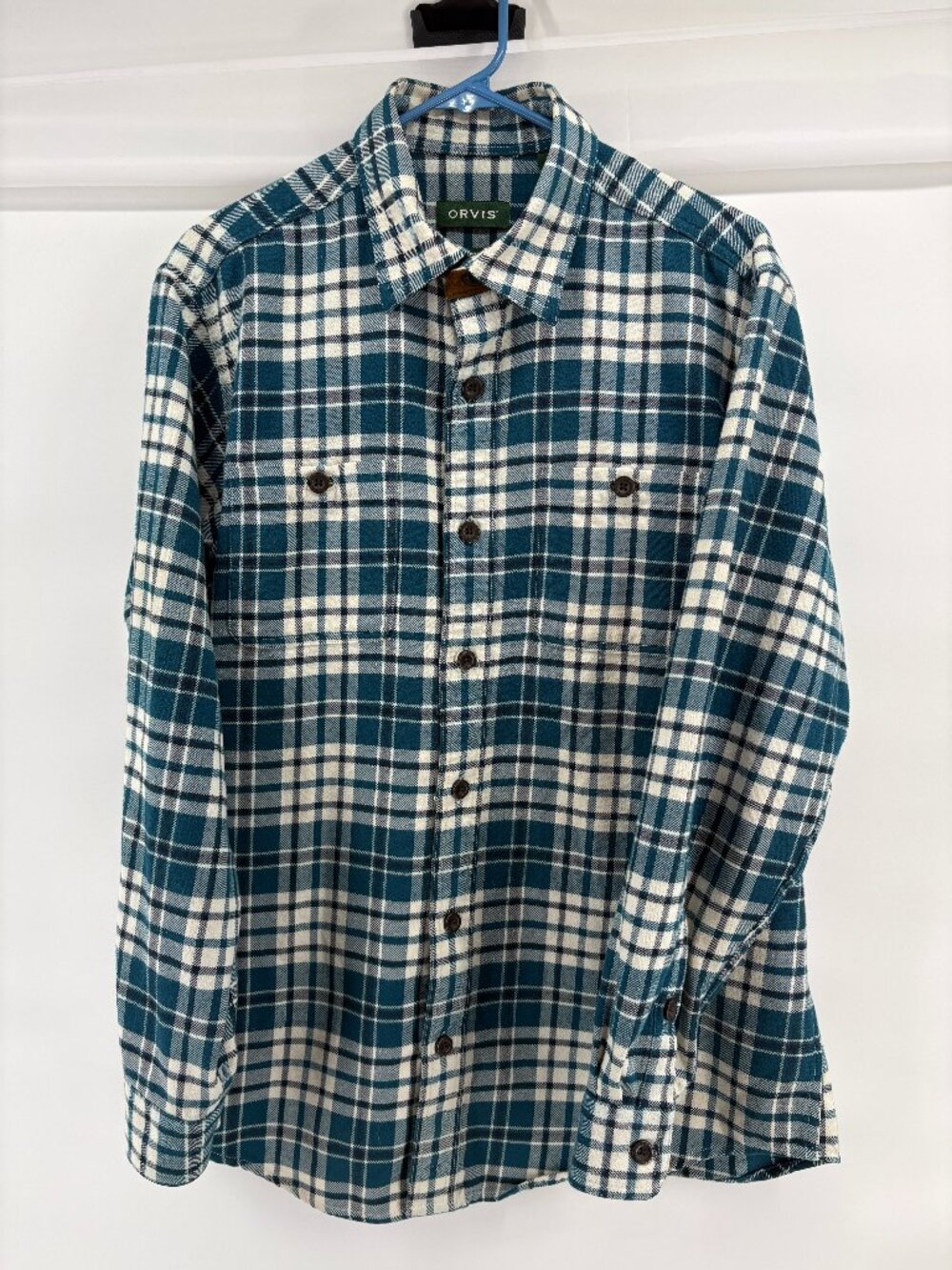 Orvis Classic Fit Flannel Shirt Men M Blue White Plaid Long Sleeve Pocket